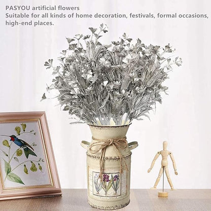 PASYOU Artificial Plants for Christmas Decor, Plastic Grass Faux Shrubs Simulation Flower Leaves Indoor Outdoor Home Garden Planter Filler Party Hotel Verandah Wedding DIY Decoration - Silver 4 Pack