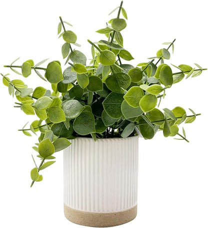 Small Fake Eucalyptus for Decorative Trays,9.5" Artificial Eucalyptus Ceramic Potted Plants for Office Desk,Faux Greenery Plant for Home Bathroom Floating Shelves Decor(Green)