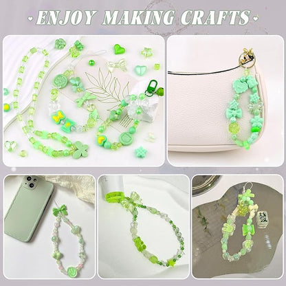 Assorted Acrylic Beads, 200-260PCS Green Cute Beads for Bracelet Making, GummyBear Bow Flower Candy Kawaii Charms for Jewelry Making DIY Necklace Keychain Phone Charm Christmas Gift
