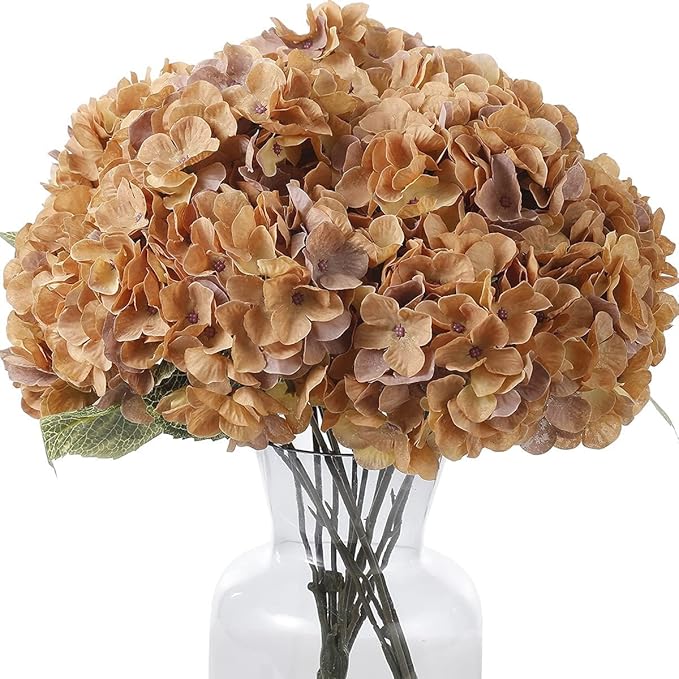 2Bouquets Artificial Fake Flowers Plants Silk Hydrangea Arrangements Wedding Bouquets Decorations Plastic Floral Home Kitchen Garden Party Festival Bar DIY(Brown Yellow)