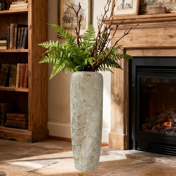 23.6 Inch Rustic Ceramic Tall Floor Vase, Slim Tapered Rustic Farmhouse Vase for Dried Stems & Pampas, Neutral Beige Decorative Vase for Living Room