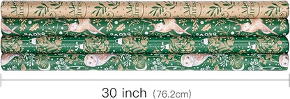 RUSPEPA Christmas Kraft Wrapping Paper - Owl, Reindeer, Christmas Ball and Text Design - 4 Rolls - 30 inches x 10 feet per Roll