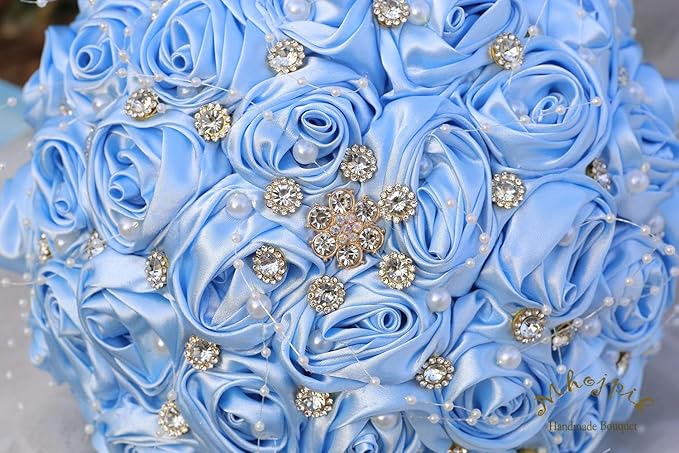 Bridal Wedding Bouquet Round Bling Brooch Bouquet Throw Toss Artificial Rose Flower Bunch for Bride Bridesmaid Wedding Quinceanera(Light Blue, 9.8")