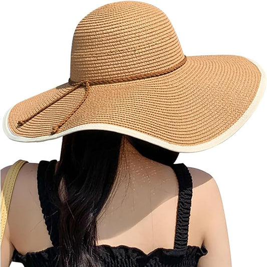 DRESHOW Beach Hats for Women Big Straw Wide Brim Summer Hat Floppy Foldable Roll up Cap Sun Hat UPF 50+