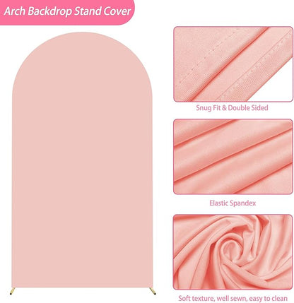Putros 7.2ft Metal Arch Stand with Cover Pale Pink Spandex Fitted Wedding Arch Cover and Round Top Chiara Backdrop Stand Set for Birthday Party Baby Shower Decoration