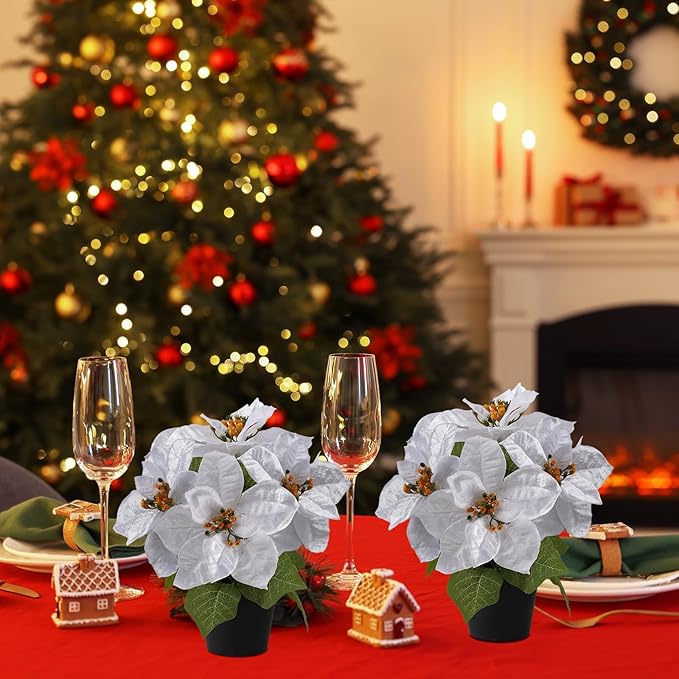 Poinsettias Flowers Artificial 2 Pack White Faux Christmas Poinsettia Plant Small 11 Inch Winter Flowers for Home Office Table Decorations Indoor Xmas Ornament