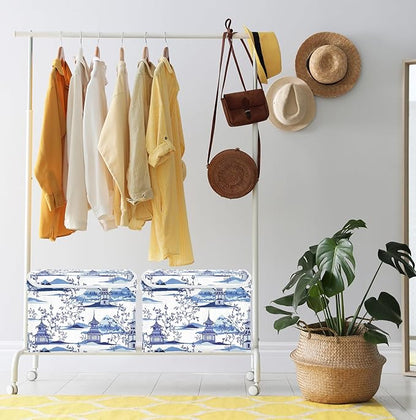 susiyo Beautiful Ink Chinoiserie Pagodas Storage Bin Large Collapsible Storage Box Stackable design Fabric Storage Bins with Lids Decorative Multi-Color Foldable Organizing Baskets For Closet, Utility