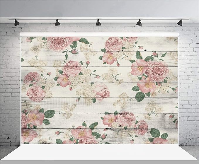 AOFOTO 10x6.5ft Vintage Floral Wooden Plank Backdrop Retro Wood Board with Pink Roses Photography Background Mother's Day Lady Girl Woman Portrait Wedding Birthday Party Supplies Photo Studio Props