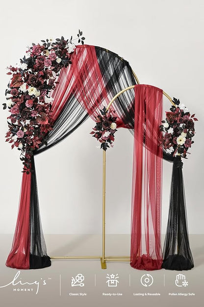 Ling's moment Wedding Arch Backdrop Stand with Flowers - 7.2FT, 6FT Set of 2 Metal Arch Frame with Drapes for Ceremony Decoration - Artificial Floral for Birthday Party, Baby Shower, Black Burgundy