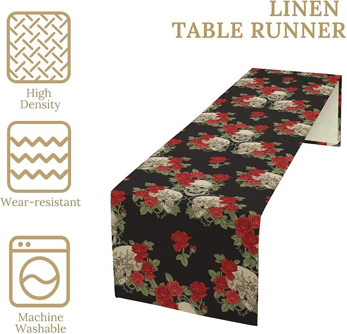 Gothic Table Runner,Red Rose Skull Print Table Runner for Home Kitchen Table Dining Garden Farmhouse Wedding Party Decor 13x36 Inch