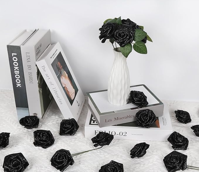 Black Glitter Roses,50PCS Fake Roses 2.76" Foam Flowers Artificial Roses Artificial Flowers for Wedding Christmas DIY Wreath Home Table Floral Arrangement(Black)
