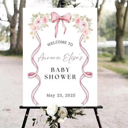 Personalized Pink Bow Baby Shower Welcome Sign, Custom Minimalist Bow Baby Girl Party Sign, Baby's Shower Gifts, Birthday Gifts, Gender Reveal Decorations, Newborn Announcement Party Supplies - 16
