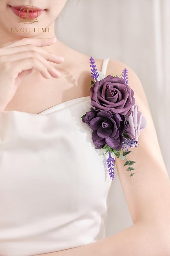 TINGE TIME Artificial Shoulder Corsages Flowers, Set of 2, Mother of The Bride Floral Corsage for Wedding Ceremony Anniversary Formal Dinner Party (Lavender & Plum)