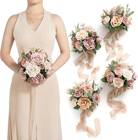 Ling's moment Champagne Gold Bridesmaid Bouquet Set of 4, Gold & Cream Wedding Bouquets for Bridesmaids, Sand Dun 7 Inch Bridal Bouquets for Bridesmaids, Wedding, Ceremony, Anniversary, etc.