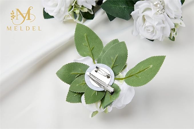 Meldel Prom Wrist Corsage and Boutonniere Set for Wedding, White Rose Boutonniere for Men Wedding, Wrist Flower for Bride Bridesmaid, Hand Flower for Wedding Ceremony Anniversary, Party, Homecoming