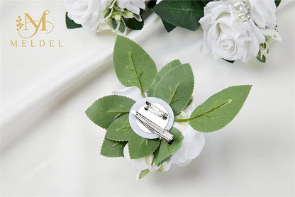 Meldel Prom Wrist Corsage and Boutonniere Set for Wedding, White Rose Boutonniere for Men Wedding, Wrist Flower for Bride Bridesmaid, Hand Flower for Wedding Ceremony Anniversary, Party, Homecoming