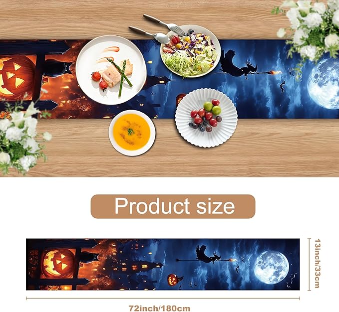 Halloween Witch & Full Moon Table Runner – 13x72 Inch Spooky Halloween Decor with Witch Silhouette and Moon Design, Durable Linen-Look Fabric for Dining Tables & Parties