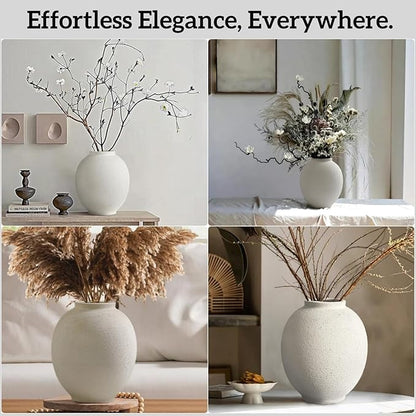 Large White Ceramic Vase, 9.8 inch Round Minimalist Textured Vase, Rustic Farmhouse Decor for Home, Living Room, Shelf, Table, Wedding & Entryway Decoration (Sandstone White)