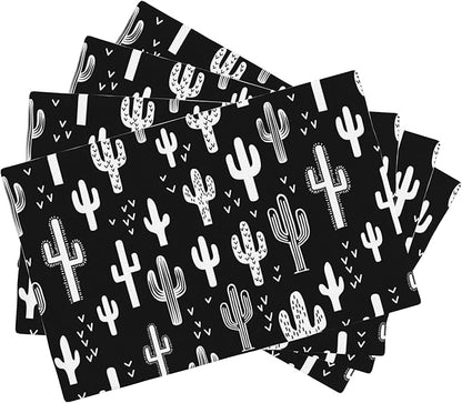 Retro Cactus Placemats Set of 4,Black and White Placemats Dining Table Mat Set,12x18 Washable Stain Resistant Wipeable Cloth Placemat for Kitchen Buffet Parties