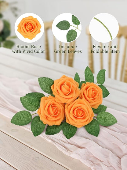 MACTING Artificial Rose Flowers 30PCS Real Touch Fake Flowers with Stem Faux Foam Roses for DIY Wedding Bouquet Table Centerpieces Party Bridal Shower Home Spring Valentines Day Decorations,Orange