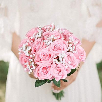 Kisflower 12 Pcs Pink Roses Artificial Flowers with Stems Silk Roses Fake Rose Realistic Flower Bouquet for Wedding Party Office Home Decor (Pink)