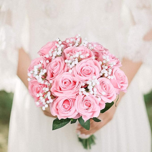 Kisflower 12 Pcs Pink Roses Artificial Flowers with Stems Silk Roses Fake Rose Realistic Flower Bouquet for Wedding Party Office Home Decor (Pink)