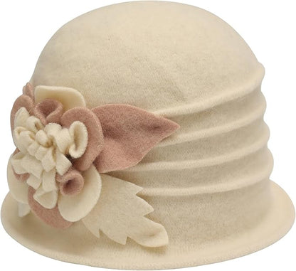 ZLYC Women Wool Cloche Bucket Hat 1920s Vintage Dress Winter Hats with Flower Accent