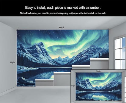 Northern Lights Mountain Wall Mural, Aurora Borealis Lake 3D Wall Murals, Snowy Peaks Starry Sky Wallpaper Mural, for Living Room Bedroom Large Wallpaper Indoor Decor 59" W x39.4 H