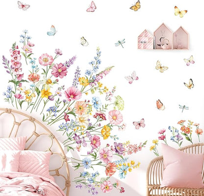 decalmile Flower Wall Decals Daisy Wildflower Grass Butterflies Wall Stickers Girls Bedroom Living Room Home Office Wall Decor