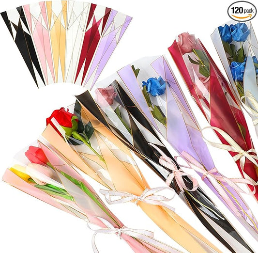 FOIMAS 120pcs Single Flower Sleeves Wrapping Bags Single Rose Florist Bouquet Packaging Bags for Floral Arrangement Supply Wedding Valentine's Day Mother's Day