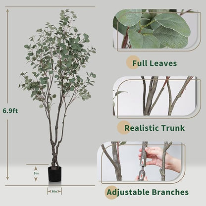 6.9ft Tall Artificial Eucalyptus Trees, Realistic Eucalyptus Tree with Sturdy Plastic Pot, Artificial Plants Tree for Home Office Indoor Outdoor Party Wedding Christmas Decor
