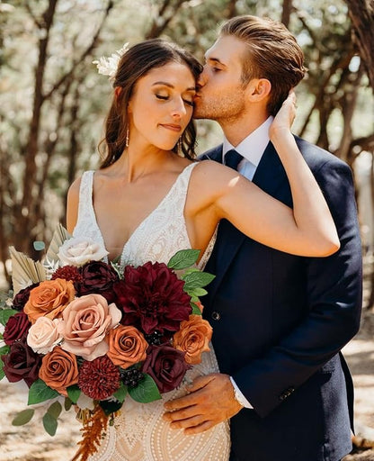Roses Artificial Flowers Burgundy Bouquet Fake Flower with Stems for DIY Bridal Wedding Shower Decorations Party Table Centerpieces Faux Silk Floral Arrangement for Home Decor Indoor Orange