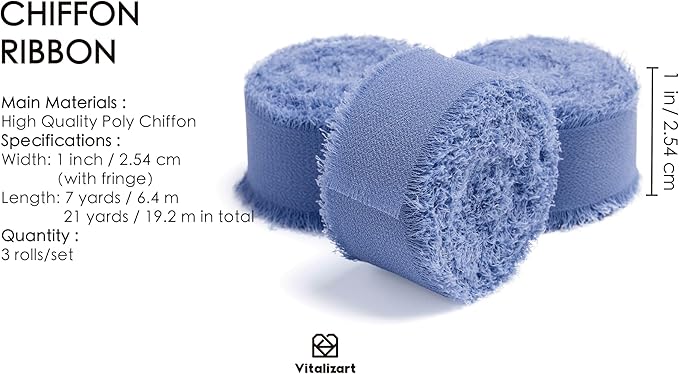 Vitalizart Dusty Blue Chiffon Silk Ribbon 1" x 21 Yd Fringe Fabric Package (3 Rolls * 7 Yd) for Wedding Invitations Bridal Bouquets Decorations Gifts Wrapping & Bow Making