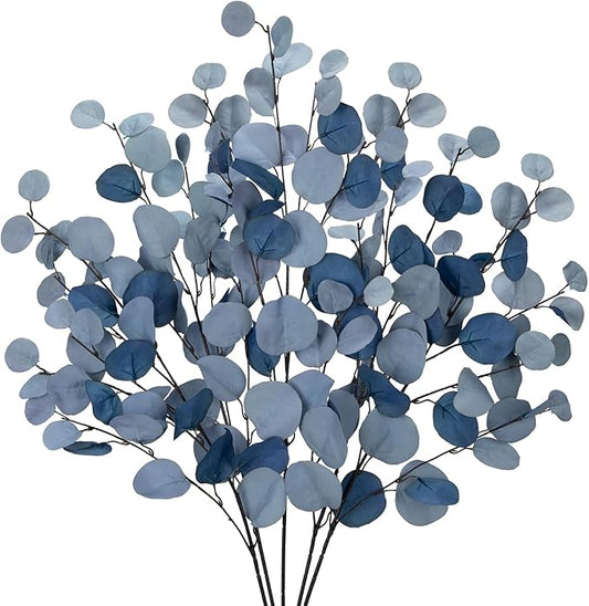 Blue Eucalyptus Stems Fake Eucalyptus Leaves 34” Long Silver Dollar Leaves 5 Pcs Silk Eucalyptus Stems for DIY Bouquet Arrangements Centerpieces Shower Decorations-Artificial Eucalyptus Spray