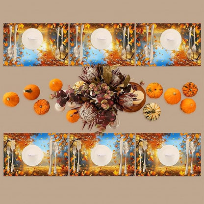 Forest Tree Fall Leaf Placemats Set of 4 PVC Vinyl Non Slip Table Mats Heat Resistant Place Mats Washable Wipeable Dining Table Mat for Kitchen Decor Party Indoor Outdoor Decorative Gift