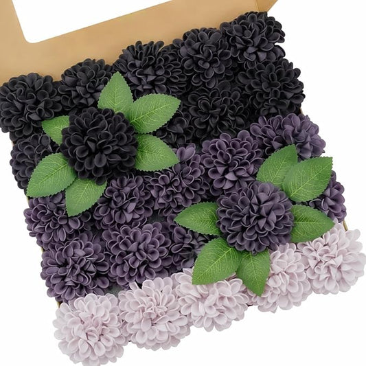 Artificial Flowers, 25pcs Realistic Artificial Rose for DIY Wedding Bouquets Centerpieces Arrangements, Gradient Violet Shades Dahlia Flowers with Stem for Bridal Shower Party