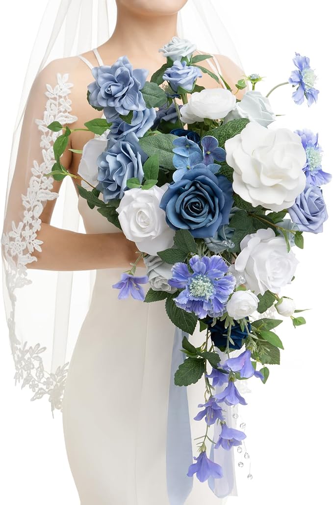 Ling's moment Dusty Blue Bridal Bouquet Cascading, Blue Wedding Bouquets for Bride, 13 Inch Bride Bouquets for Wedding Artificial Flowers Bouquets