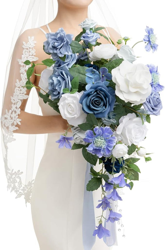 Ling's moment Dusty Blue Bridal Bouquet Cascading, Blue Wedding Bouquets for Bride, 13 Inch Bride Bouquets for Wedding Artificial Flowers Bouquets