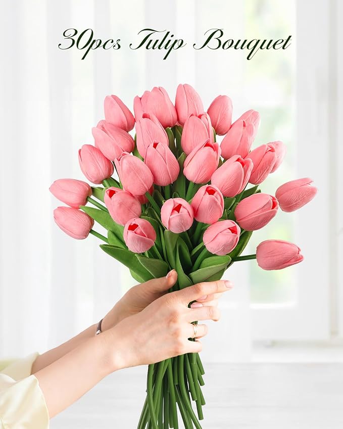 MACTING 30 PCS Artificial Tulip Flowers 13.7" Real Touch Fake PU Tulips Bouquet Faux Pink Flowers for Floral Arrangements Table Centerpieces Kitchen Home Indoor Outdoor Summer Decorations