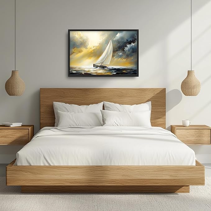 Ocean Sailboat Large Wall Art Framed Wall Decor for Living Room Abstract Boat Pictures Oversized Canvas Print Painting Modern Extra Large Artwork for Bedroom Office Home Decor 36"x24"