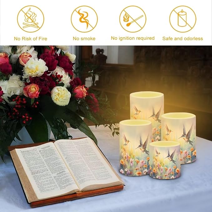 Flameless Candles Battery Powered LED Candles with Remote Timer Color Changing Control Long Lasting for Indoor Outdoor Home Decoration Set of 4, Hummingbird Daisy Purple