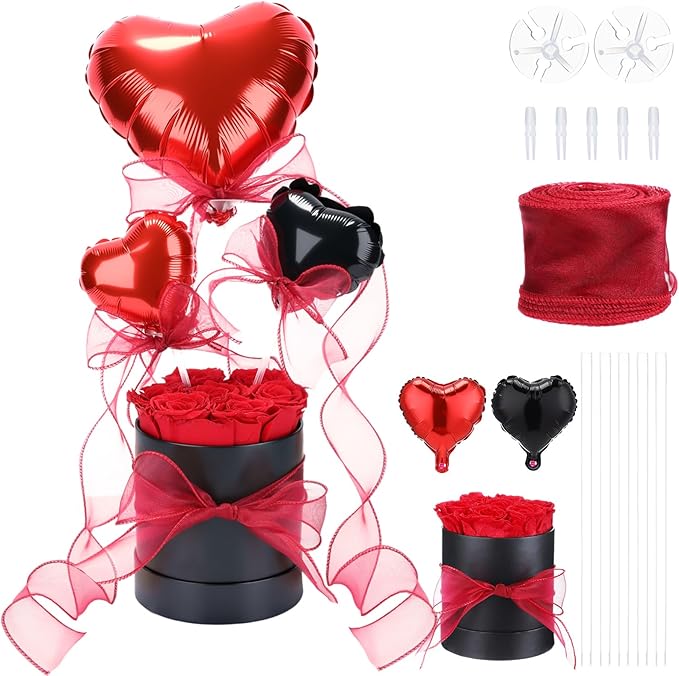 Red Preserved Roses in Box 7 Preserved Forever Flower in a Round Box Last 1-3 Years with Heart Balloon Christmas Surprise Gift for Women Loved One Mom Valentines Anniversaries Need Assembly