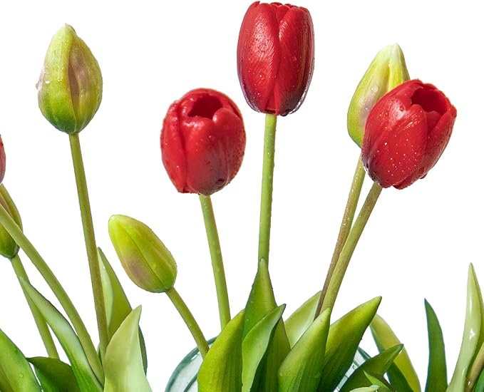 15pcs Artificial Tulips Flowers, Real Touch Latex Bouquet, Fake Tulips for Office Wedding Party Home Kitchen Garden Decoration-B Red