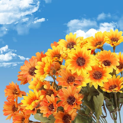 Artificial Mums, Artificial Sunset Mums, Artificial Outdoor Sunset Mum-s Flowers - UV Resistant, Waterproof, Windproof, Reflecting Autumn Vibe (Orange - 10 Bundles)