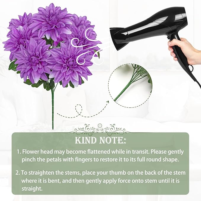 Hollyone 2Pcs Purple Artificial Dahlia Flowers Bush 7 Heads Silk 15.7" Fake Dahlias Flowers Wedding Bouquets Faux Dahlia Flower Floral Arrangements for Outdoor Indoor Table Centerpieces Home Decor