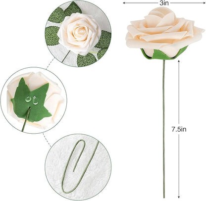 AmyHomie Artificial Flower Champagne Rose 25pcs Real Looking Fake Roses w/Stem for DIY Wedding Bouquets Centerpieces Arrangements Party Baby Shower Valentines Day Christmas Tree Decorations