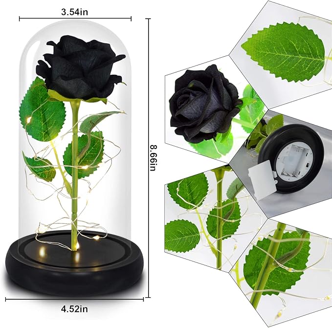 QUELIEN Black Roses in Glass Dome,Eternal Rose Gift for Women,Lasts Forever Home Decor,Mother's Day Christmas