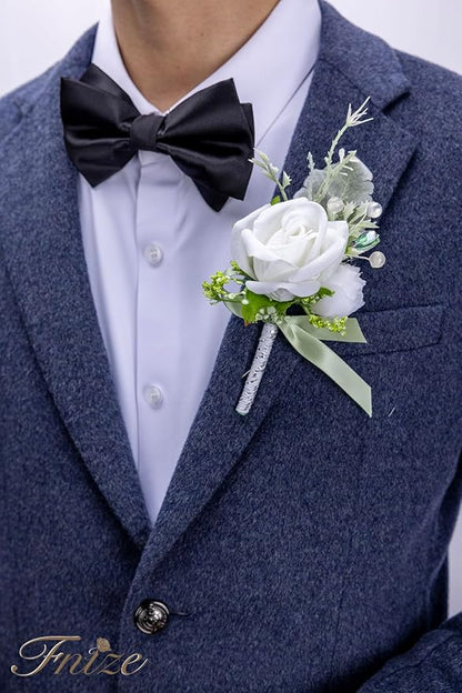 Fnize White Wrist Corsage and Boutonniere Set for Bride Groom Bridesmaids Groomsmen Wedding Homecoming Flowers Prom Suit Accessories, Rose Boutonniere and Corsage Wristlet Flower