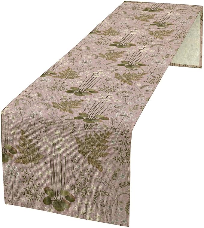 Spring Floral Table Runner, Rustic Retro Field Herbal Plant Purple Pink Wildflower Country Natural Floral Fern Print Table Cover for Indoor Outdoor Dinner Party Decor, 13x90inch
