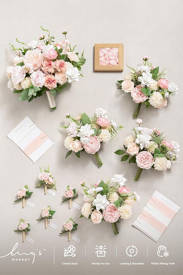 Ling's moment Wedding Artificial Flowers Package, Bridal Bouquet, Bridesmaid Bouquets, Boutonniere for Men, Rose Petals.Blush Pink